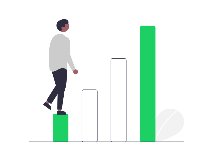 Illustration of a  man stepping up from smaller bars to bigger bars on a bar chart