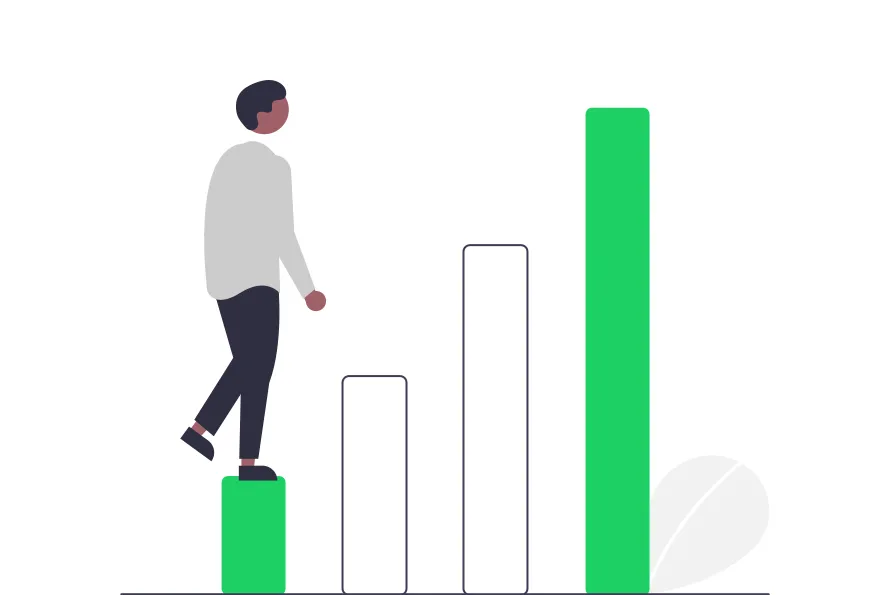 Illustration of a  man stepping up from smaller bars to bigger bars on a bar chart